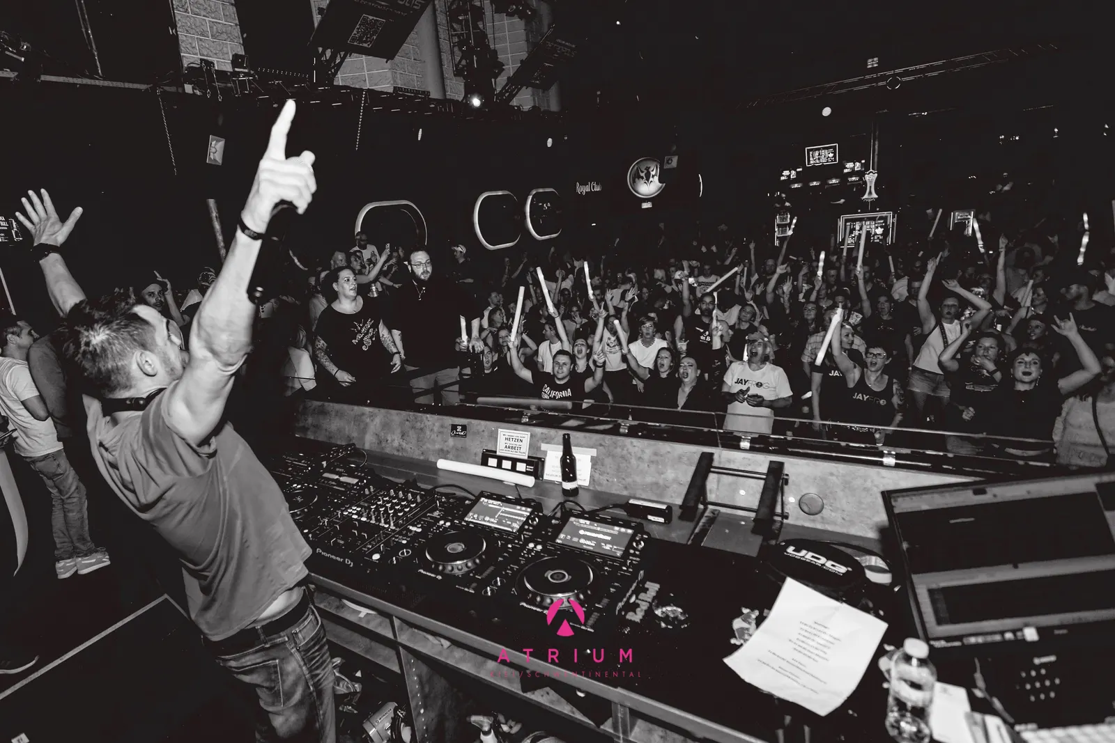 Special D. celebrating with the crowd (black and white)